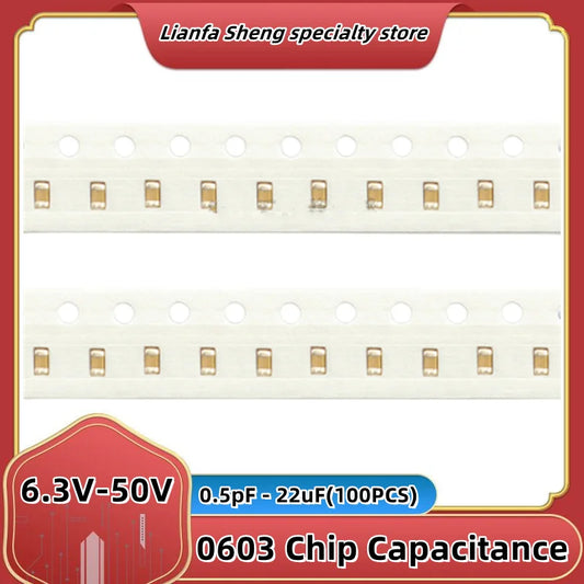 Capacitor Cerámico Multicapa Chip SMD 0603 (0.5pF-22uF, 6.3V-50V) - Pack 100 Unidades (Valores Surtidos)
