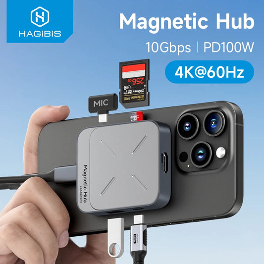 Hub USB-C Magnético Hagibis Docking Station Multiport con HDMI 4K, PD 100W para MacBook/iPhone 15/16 Pro Thunderbolt 4