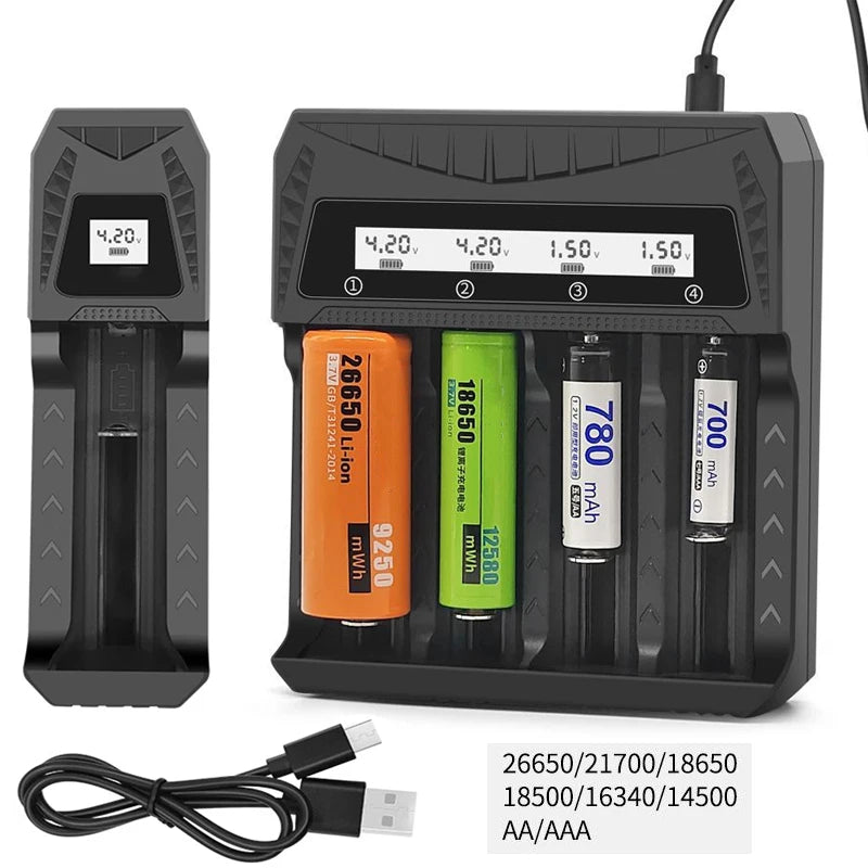 Cargador USB Inteligente Baterías LCD (1/2/4 Ranuras) para Litio Recargable 18650 (4.2V) / Ni-MH AA/AAA (1.2V)