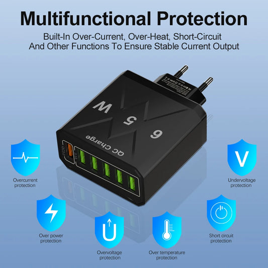 Adaptador Cargador Viaje Rápido USB 3.1A 6 en 1 Multi-Enchufe QC3.0 para iPhone 12/13/Samsung/Xiaomi