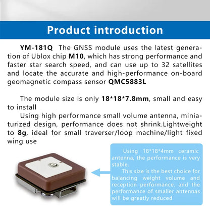 Módulo GPS Beidou XYZ-GNSS YM-181Q (M10050) Pequeño con Antena Cerámica, Compás y Flash para Control Vuelo Drones