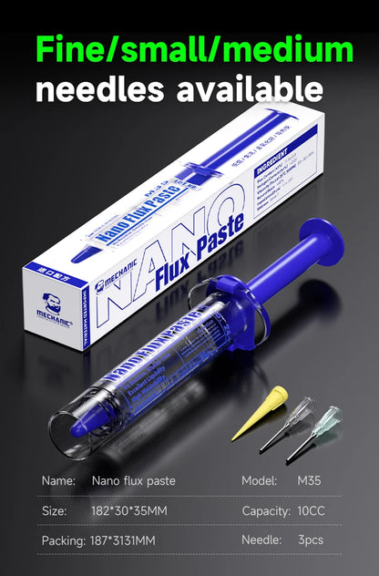 Flux Pasta Nano MECHANIC M35 (10cc) con 3 Agujas para Chip/Placa Base (Alto Rendimiento Reparación) Herramienta Soldadura
