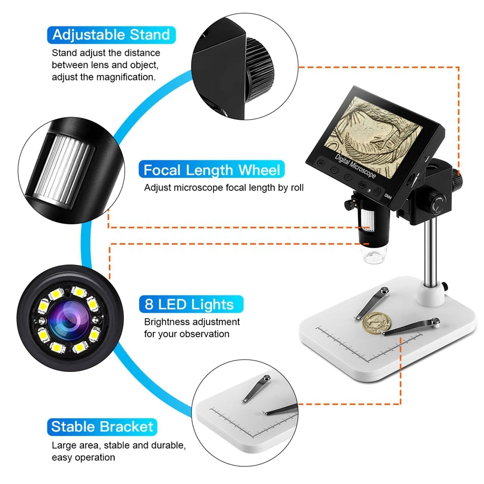 Elikliv DM4S 4.3 Inch LCD Digital Microscope 1000X LED 1080P Video Camera Microscope For Electronics Soldering Phone Repair Coin