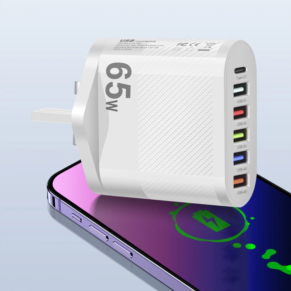 Cargador Pared USB Múltiple 6 Puertos 65W Carga Rápida Alta Velocidad (PD, QC 3.0) Adaptador Móvil para Huawei Mate 60/Xiaomi 13