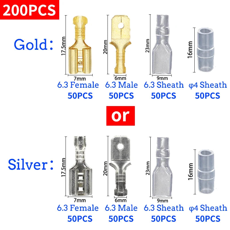 Set Conectores Terminal Crimp Macho/Hembra (2.8/4.8/6.3mm) Oro/Plata para Cable Eléctrico Altavoz Auto (100/200 Piezas)