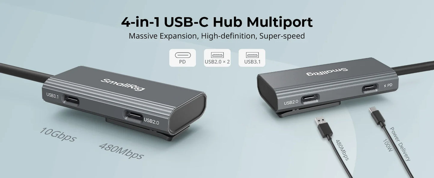 Hub USB-C 4-en-1 SmallRig PD 100W USB-C 3.1 + USB-C 2.0 + Adaptador Audio para Grabación Video Profesional Celular (4598)