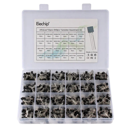 Kit Surtido Transistores TO-92 NPN/PNP (BC547/327/337, 2N2222/3904/3906, C945) en Caja - 200-900 Piezas