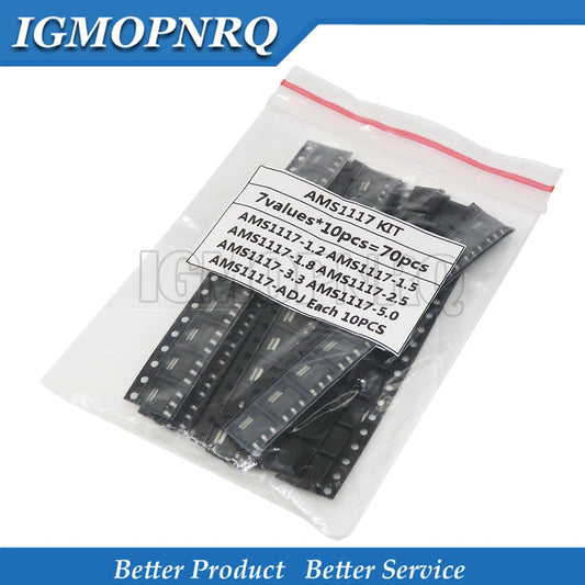 Kit 70 Pcs Reguladores Voltaje AMS1117 SOT-223 (7 Valores: 1.2V-5.0V, ADJ) 10 Pcs/Valor