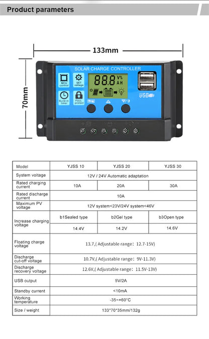 Controlador Carga Solar PWM 10A 12V/24V Control Luz/Tiempo Auto Dual USB LCD
