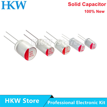 Capacitor Electrolítico Sólido DIP Bajo ESR (100uF-1000uF, 6.3V-50V) - Pack 10 Unidades (Valores Surtidos)