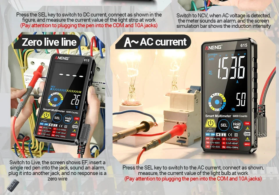 Multímetro Digital Inteligente ANENG AN-615 - Táctil Recargable (6000 Cuentas) Tester Voltaje/Corriente AC/DC