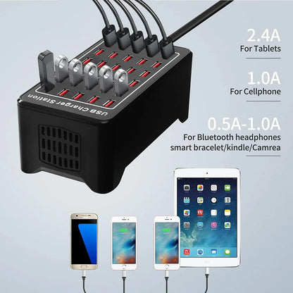 Hub Cargador USB Inteligente Escritorio 20/30 Puertos (100W/150W) Estación Carga Multi-Puerto para Samsung/iPhone/iPad/Tablet