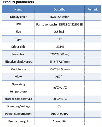 Módulo Pantalla Inteligente RCmall ESP32-2432S028R (LCD TFT 2.8", 240x320, Driver ILI9341)