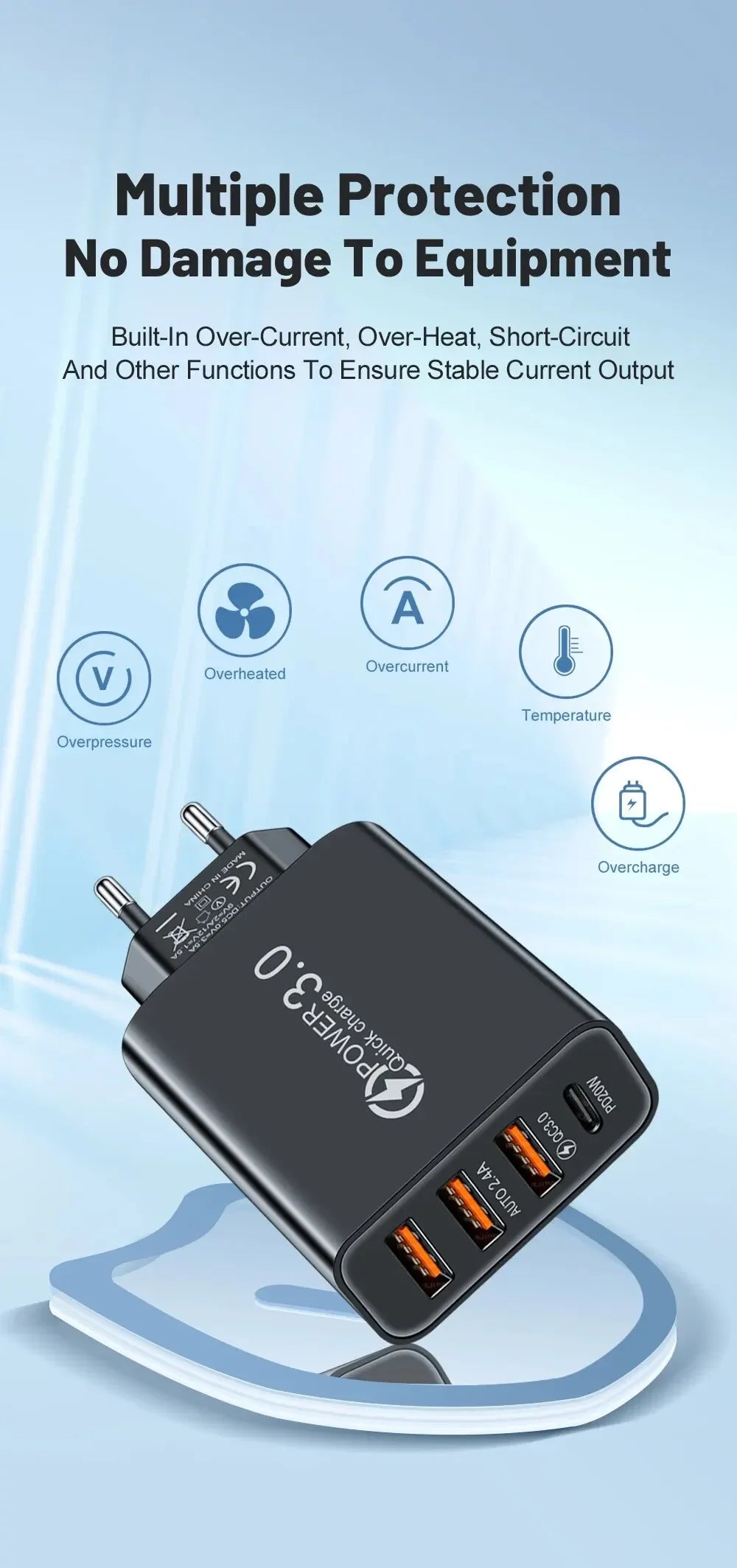 Cargador Pared Múltiple 4 Puertos USB (Total 60W) Carga Rápida PD Tipo C Adaptador Móvil para Xiaomi/iPhone 14/15/Samsung S24