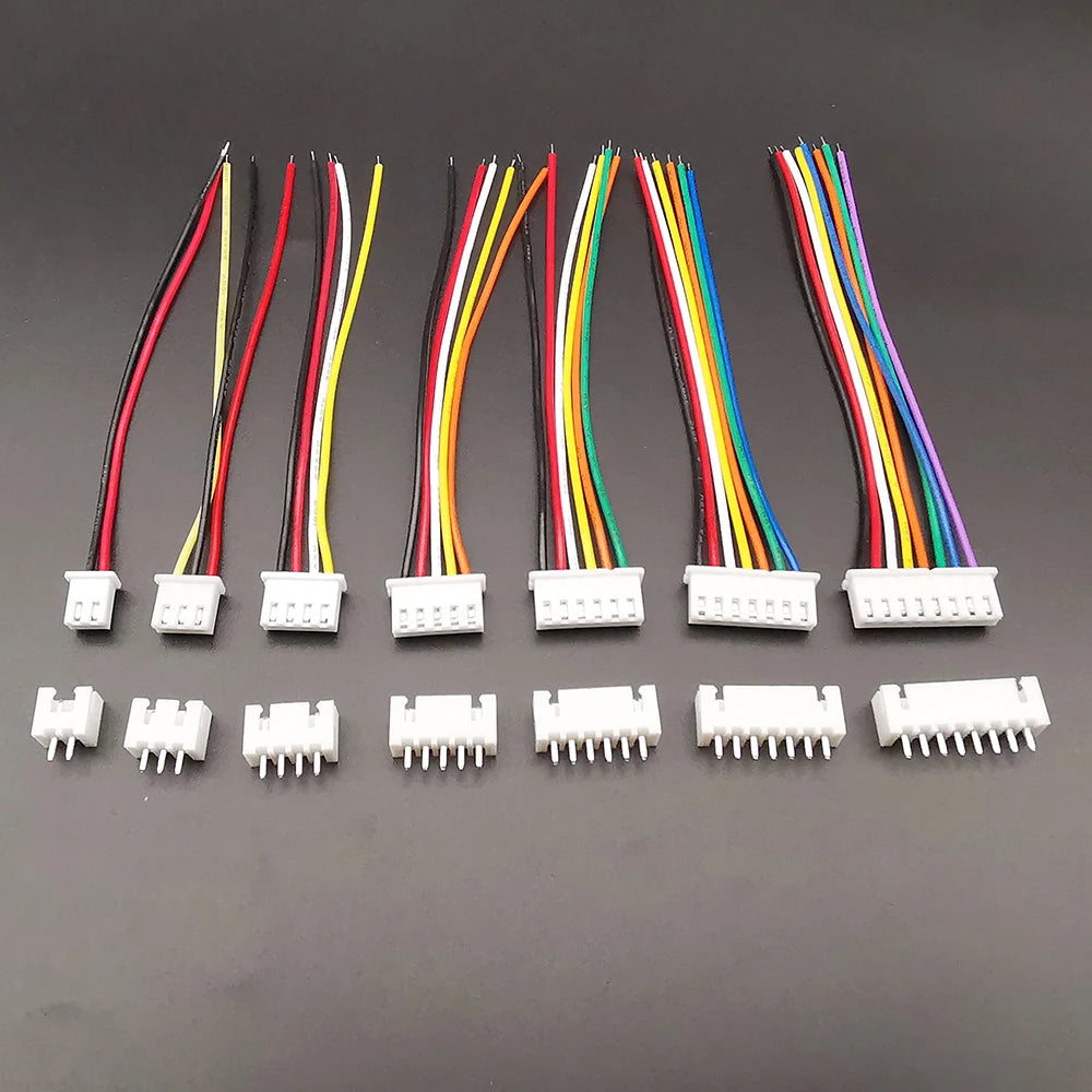 Set Conectores JST XH 2.54mm (2-8 Pines) Macho/Hembra con Cable 10/20cm 26AWG (5 Sets)