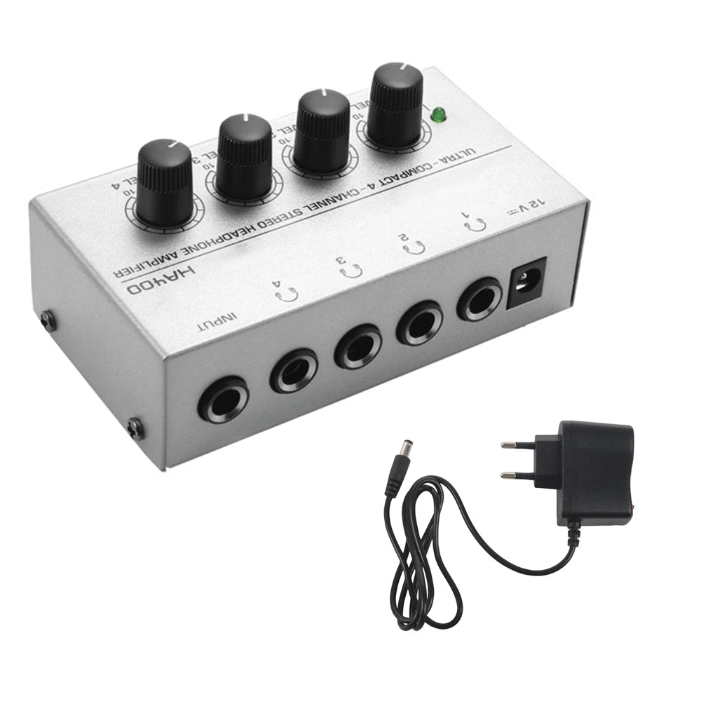 Mini Amplificador Audio Estéreo 4 Canales HA400 Ultra Compacto para Audífonos con Adaptador EU/US (Mezclador Música/Grabación)