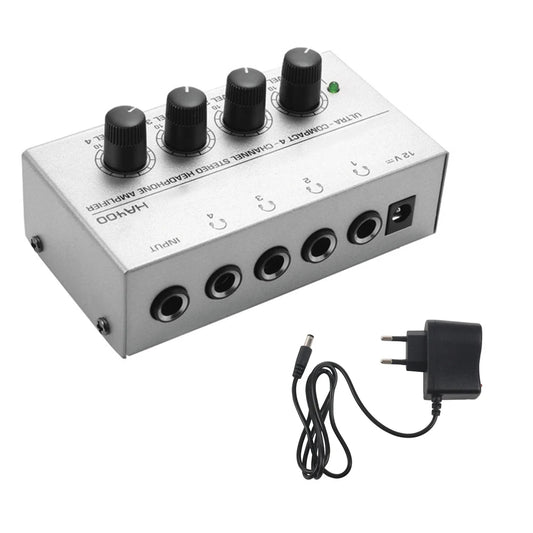 Mini Amplificador Audio Estéreo 4 Canales HA400 Ultra Compacto para Audífonos con Adaptador EU/US (Mezclador Música/Grabación)