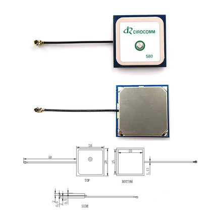 Antena GPS Activa Interna Beitian BT-580 Cirocomm (Cerámica 25x25x2mm, 32dB Ganancia, Conector IPEX, Cable 5cm)
