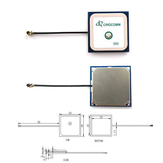Antena GPS Activa Interna Beitian BT-580 Cirocomm (Cerámica 25x25x2mm, 32dB Ganancia, Conector IPEX, Cable 5cm)