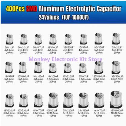 Kit Surtido Capacitor Electrolítico Aluminio SMD (1uF-1000uF, 6.3V-50V, 24 Valores) con Caja - Pack 400 Piezas