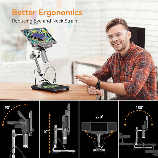 Elikliv 1200X Soldering Microscope for Electronics Repair 7" Digital Microscope with 10" Stand 2MP Coin Magnifier with 10 LEDs