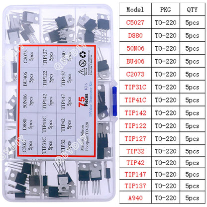 Kit Surtido Transistores/Semiconductores THT (TO-92/126/220) - MOSFET/BJT/Tiristor en Caja