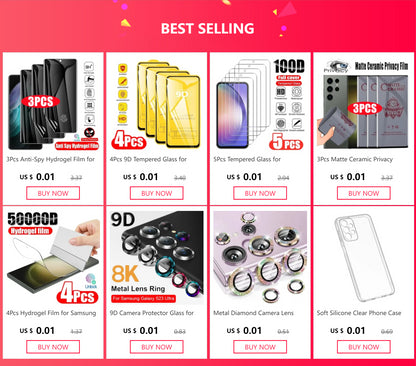 Film Hidrogel Cobertura Completa para Samsung S8-S10 Plus/S10E/S20 FE/S21-S24 Ultra/Note 10+/Note 20 Ultra (4 Unidades)