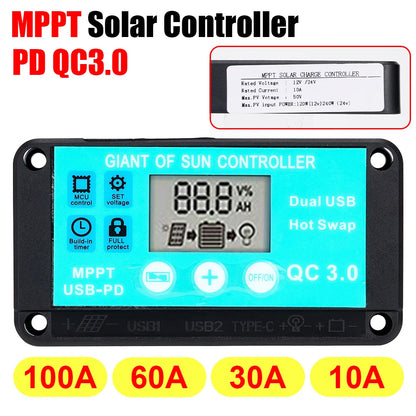 Controlador Carga Solar PWM 30A/60A/100A Auto Dual USB LCD Display 5V Regulador Batería Panel