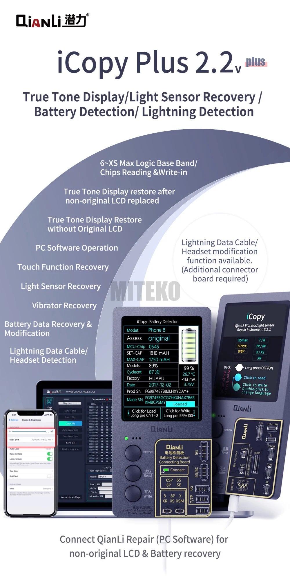 Qianli iCopy Plus 2.3v 2025 LCD Ture Tone Virbrator EEPROM Programmer Battery Testing Board Headset For iPhone 7- 11 12Pro Max