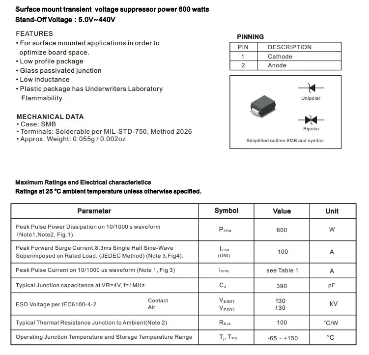 Diodo TVS SMD SMBJ - Varios Voltajes (20A/CA a 75A/CA) SMB/DO-214AA - Lote 100 Piezas