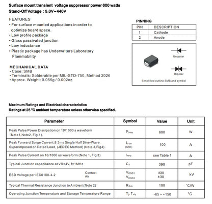 Diodo TVS SMD SMBJ - Varios Voltajes (20A/CA a 75A/CA) SMB/DO-214AA - Lote 100 Piezas