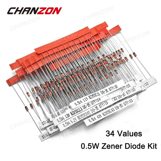 Kit Surtido Diodos Zener (0.5W, 2V-47V, 34 Valores)