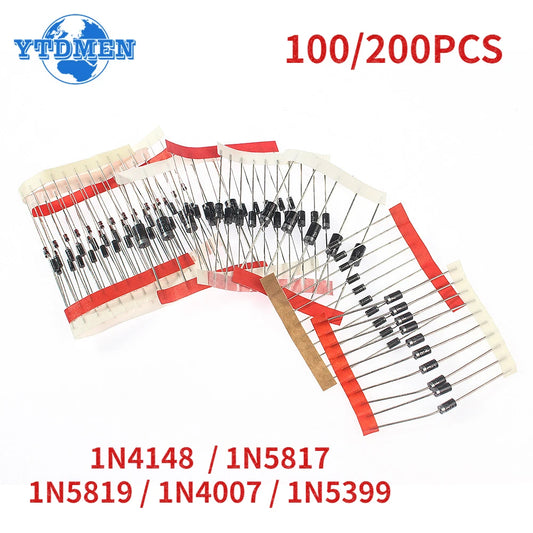 Kit Surtido Diodos THT DO-41/DO-35/DO-15 (Rectificador/Schottky/Switching) - Varios Tipos (100/200 Piezas)