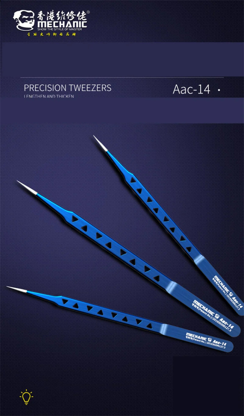 Pinzas Acero Inoxidable MECHANIC Aac-14 Alta Precisión (8 Agujeros Disipación Calor) para Reparación Teléfono (Clip Soldadura Punto Cable Volador)