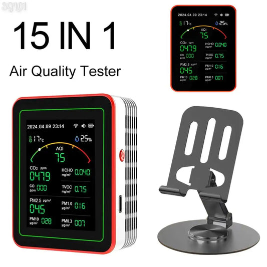 15 In 1 Air Quality Monitor PM2.5 PM10 CO CO2 TVOC HCHO AQI Tester 2.8inch TFT Color Screen Portable CO2 Monitor for Home Office