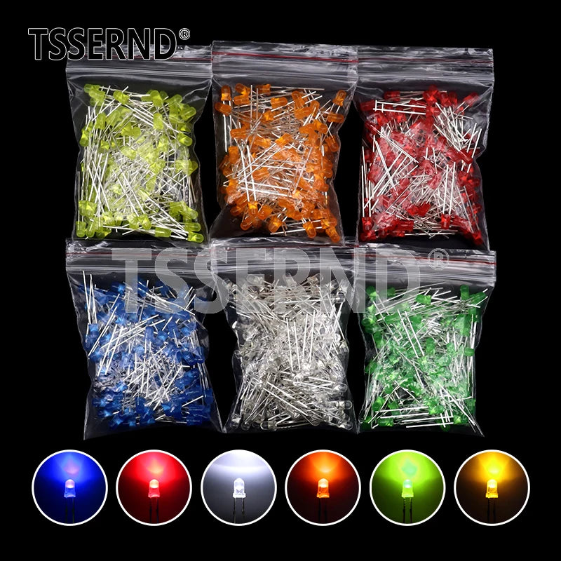 Kit Surtido Diodo LED F3 (3mm) Colores (Blanco/Verde/Rojo/Azul/Amarillo/Naranja/Rosa/Púrpura/Blanco Cálido) DIY (60/100 Piezas)