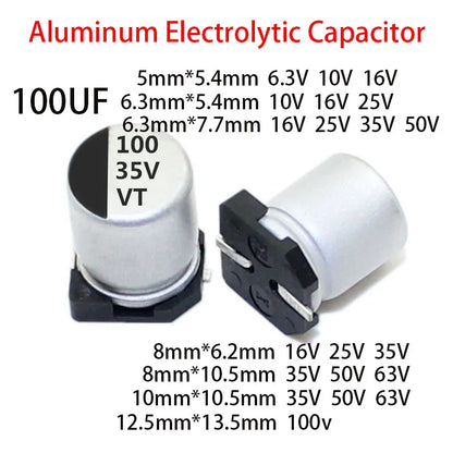 Capacitor Electrolítico Aluminio SMD (100uF, 6.3V-100V, Varios Tamaños) - Pack 20 Unidades (Valores Surtidos)
