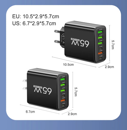 Cargador Pared Rápido USB-C 65W (6 Puertos) para iPhone 14/15 Pro Max, Samsung S23, Xiaomi 14