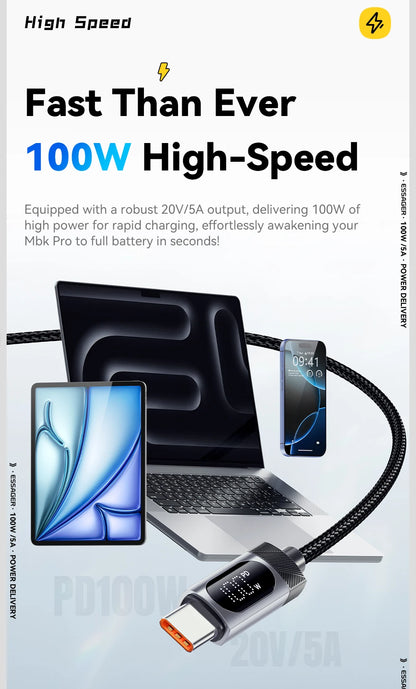 Cable Essager USB-C a Tipo C PD 100W Carga Rápida con Pantalla Digital para iPhone 15/16/Xiaomi/Huawei/Macbook/iPad
