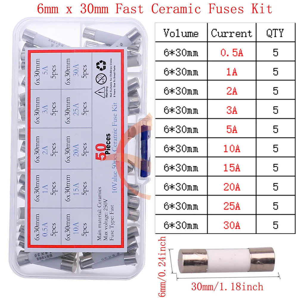 12V-250V Slow Fast Glass Fuse With Lead Wire Mix kit 0.1A 0.25A 0.5A 1A 2A 2.5A 3A 3.15A 4A 5A 6A 6.3A 8A 10A 15A 16A 20A 30A