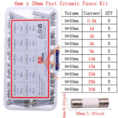12V-250V Slow Fast Glass Fuse With Lead Wire Mix kit 0.1A 0.25A 0.5A 1A 2A 2.5A 3A 3.15A 4A 5A 6A 6.3A 8A 10A 15A 16A 20A 30A