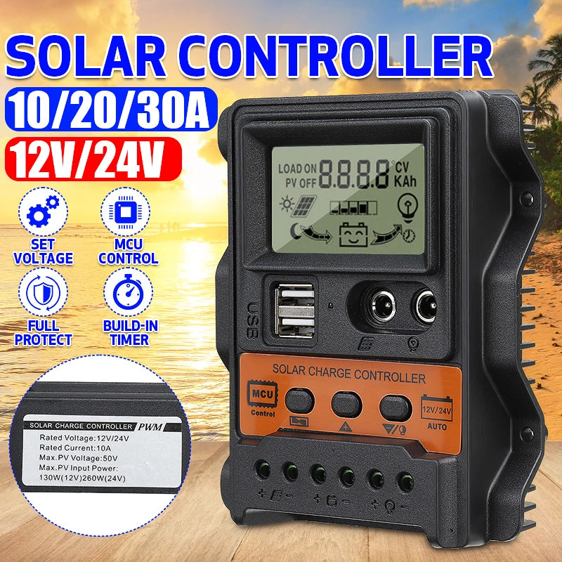 Controlador Carga Solar PWM 10A/20A/30A 12V/24V LCD Dual USB 5V Regulador Panel