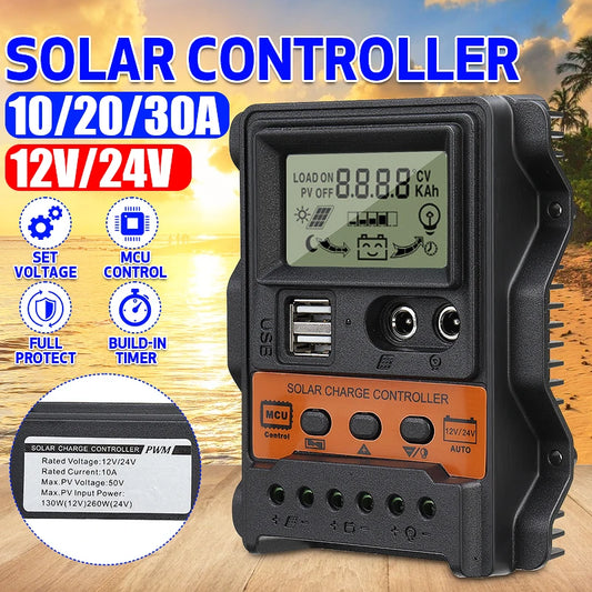 Controlador Carga Solar PWM 10A/20A/30A 12V/24V LCD Dual USB 5V Regulador Panel