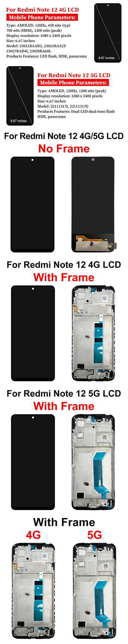 OLED For Xiaomi Redmi Note 12 5G Display 22111317I Touch Screen Digitizer For Redmi Note 12 4G LCD 23027RAD4I Replacement Parts
