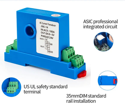 Transmisor/Transductor Corriente AC/DC 0-10A a 150A a 0-10V/0-5V/4-20mA Agujero 8mm/12mm DC24V