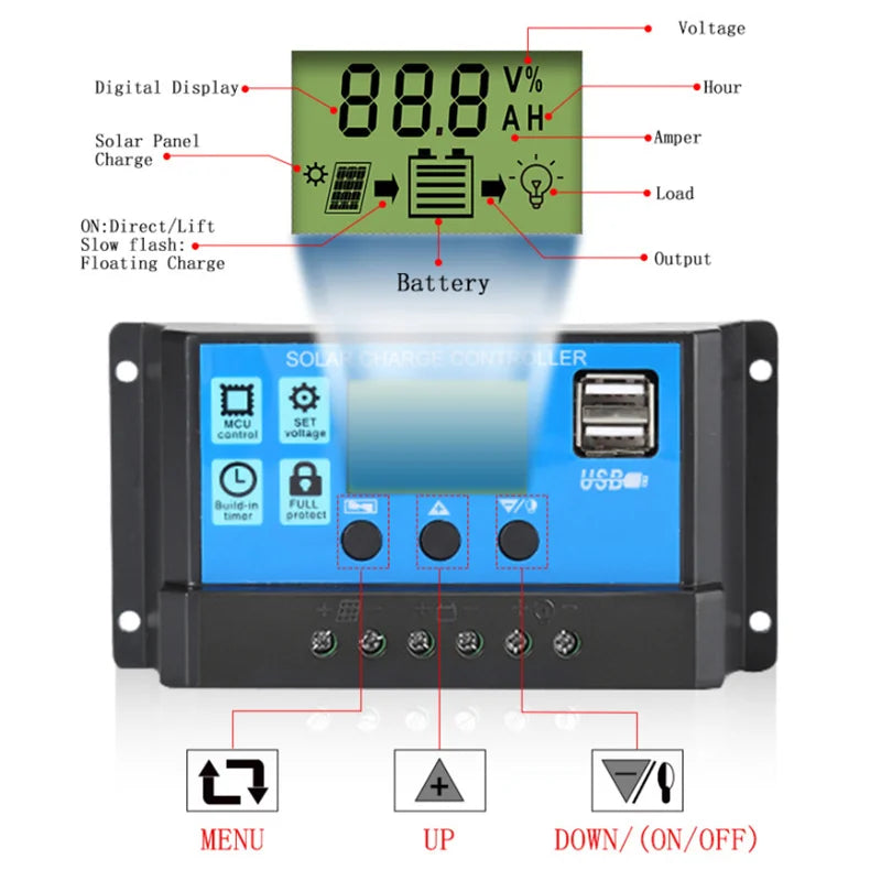 Controlador Carga Solar PWM 10A 12V/24V Control Luz/Tiempo Auto Dual USB LCD
