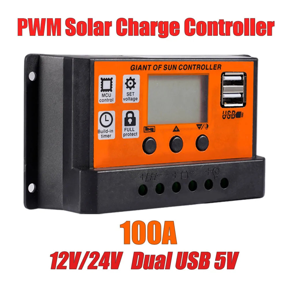 Controlador Carga Solar PWM 30A/60A/100A Auto Dual USB LCD Display 5V Regulador Batería Panel