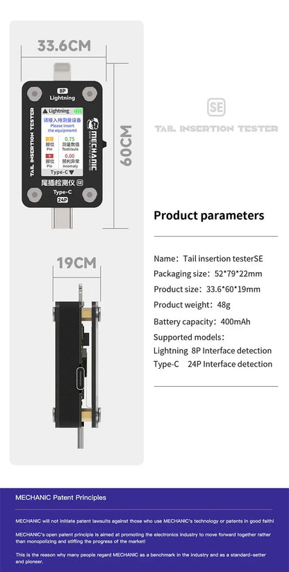 Tester Inserción Trasera Mechanic T-824 / T824-SE - Detector Interfaz Tipo-C/Lightning para Reparación Móvil