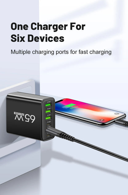 Cargador Pared Rápido USB-C 65W (6 Puertos) para iPhone 14/15 Pro Max, Samsung S23, Xiaomi 14