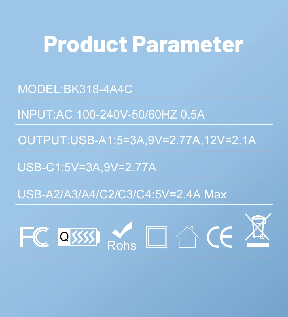 Cargador Pared USB 8 Puertos (Total 65W) Carga Rápida (PD Tipo C, QC 3.0) Adaptador para iPhone 14/15 Pro Max/Xiaomi/Samsung